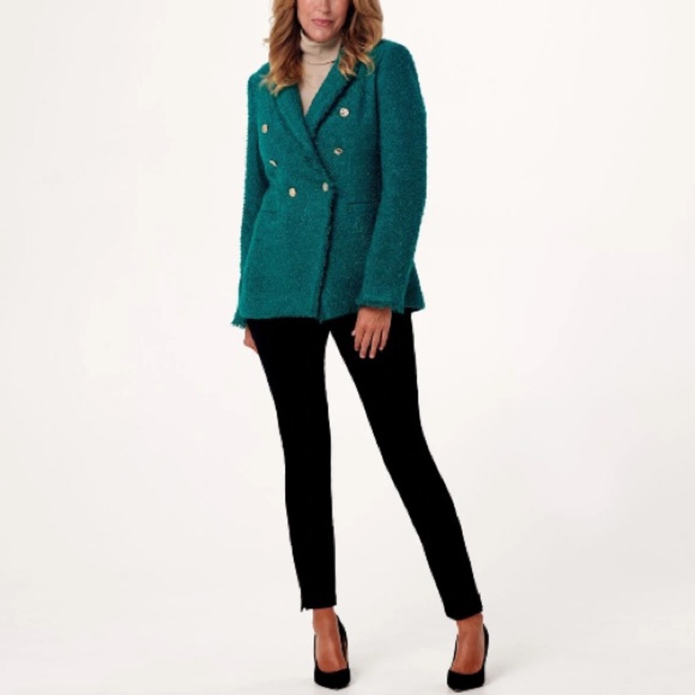 NEW Dennis Basso Double-Breasted Solid Boucle Blazer in Jade